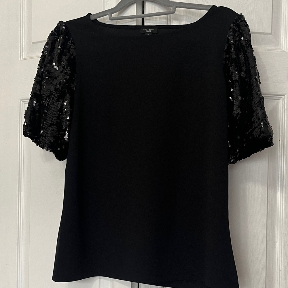 Ann Taylor Black Sequin Puff Sleeve Blouse